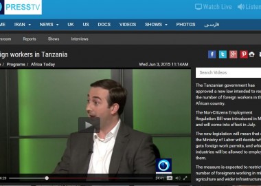Press TV's Africa Today interviewed Africa Research Institute's senior researcher, Nick Branson, on their programme about foreign workers in Tanzania