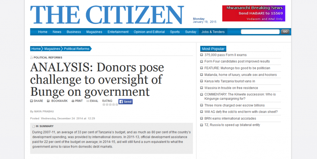 ARI blog article Donors and Dodoma featured in Tanzania daily, the Citizen